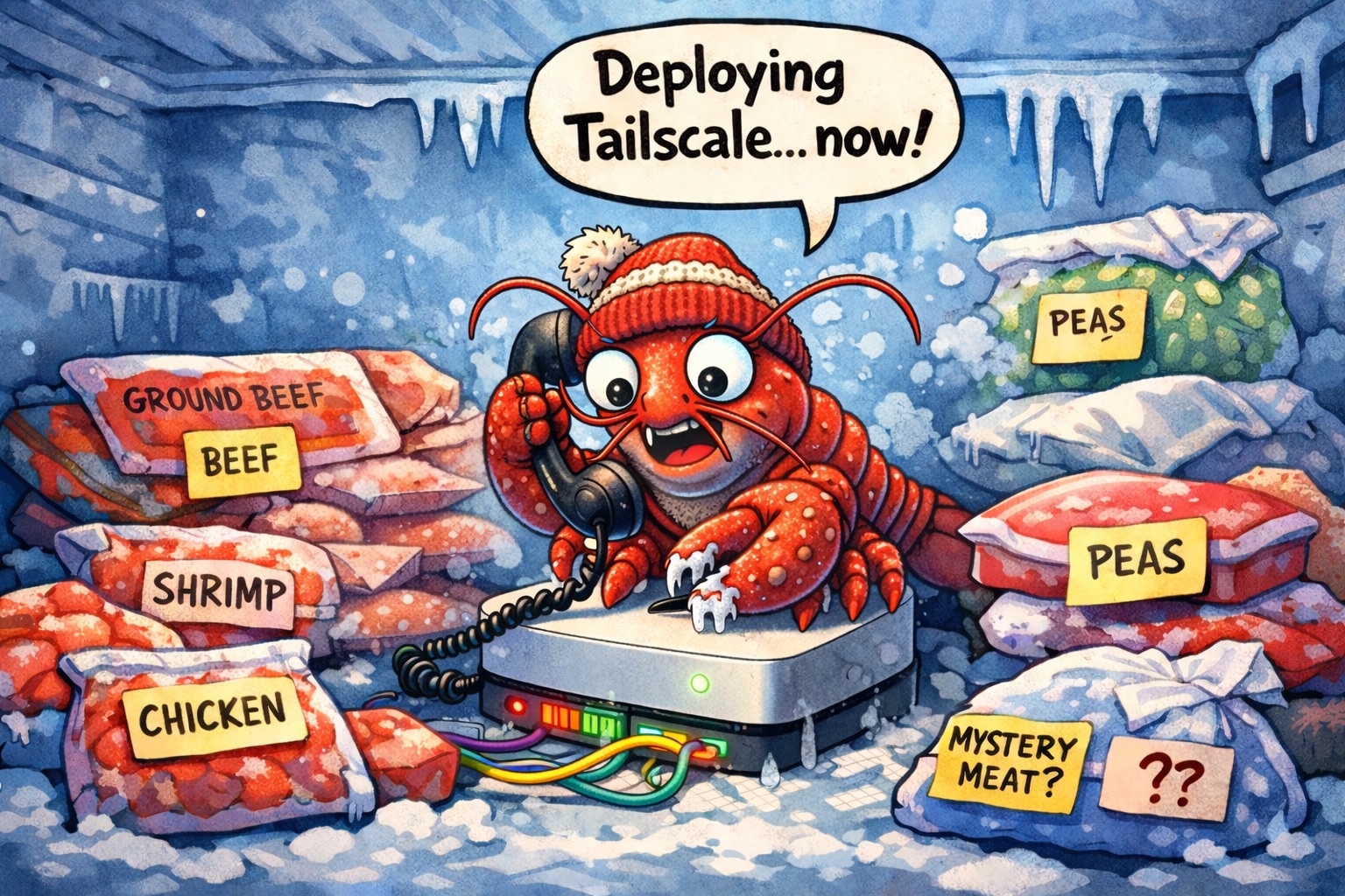 A lobster sysadmin deploying Tailscale from inside a freezer